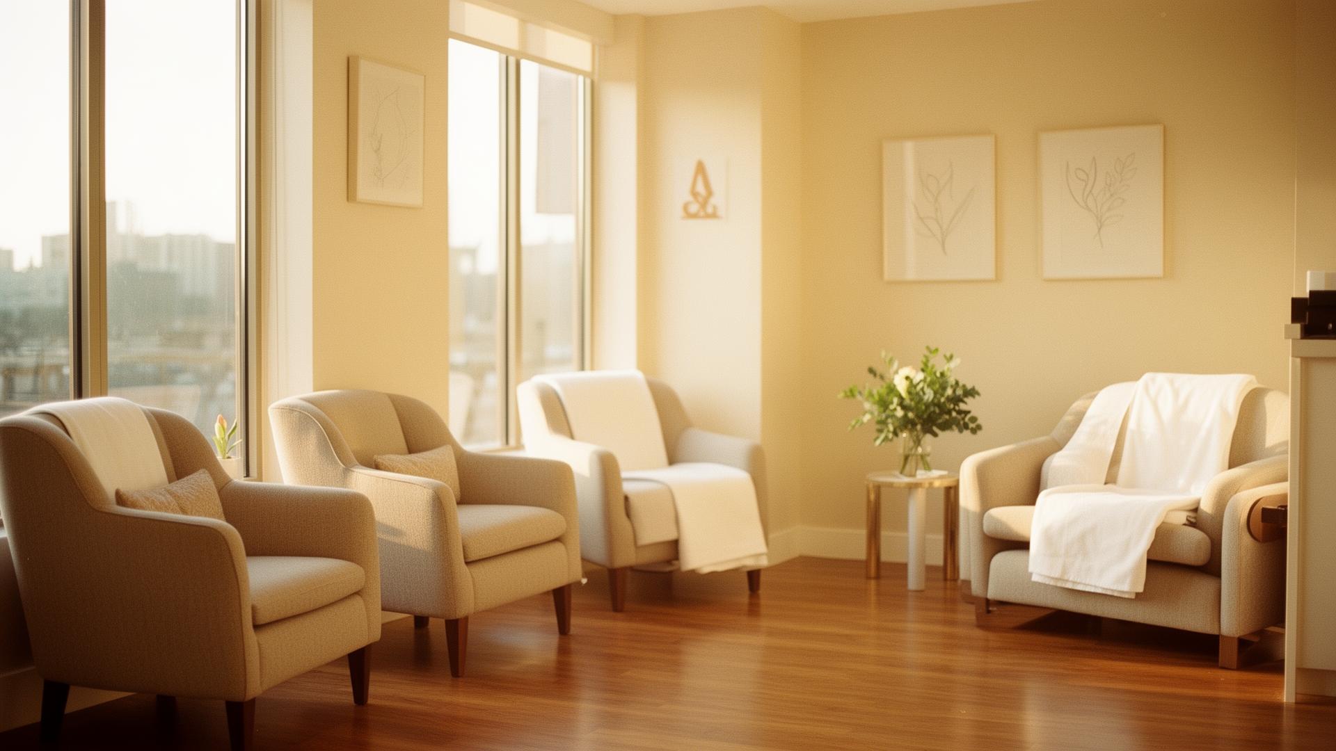 Sunlit modern women's health clinic interior with warm cream tones
